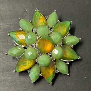 Flower Brooch Faceted‎ Green Gold Components Silver Tone Stacked Design